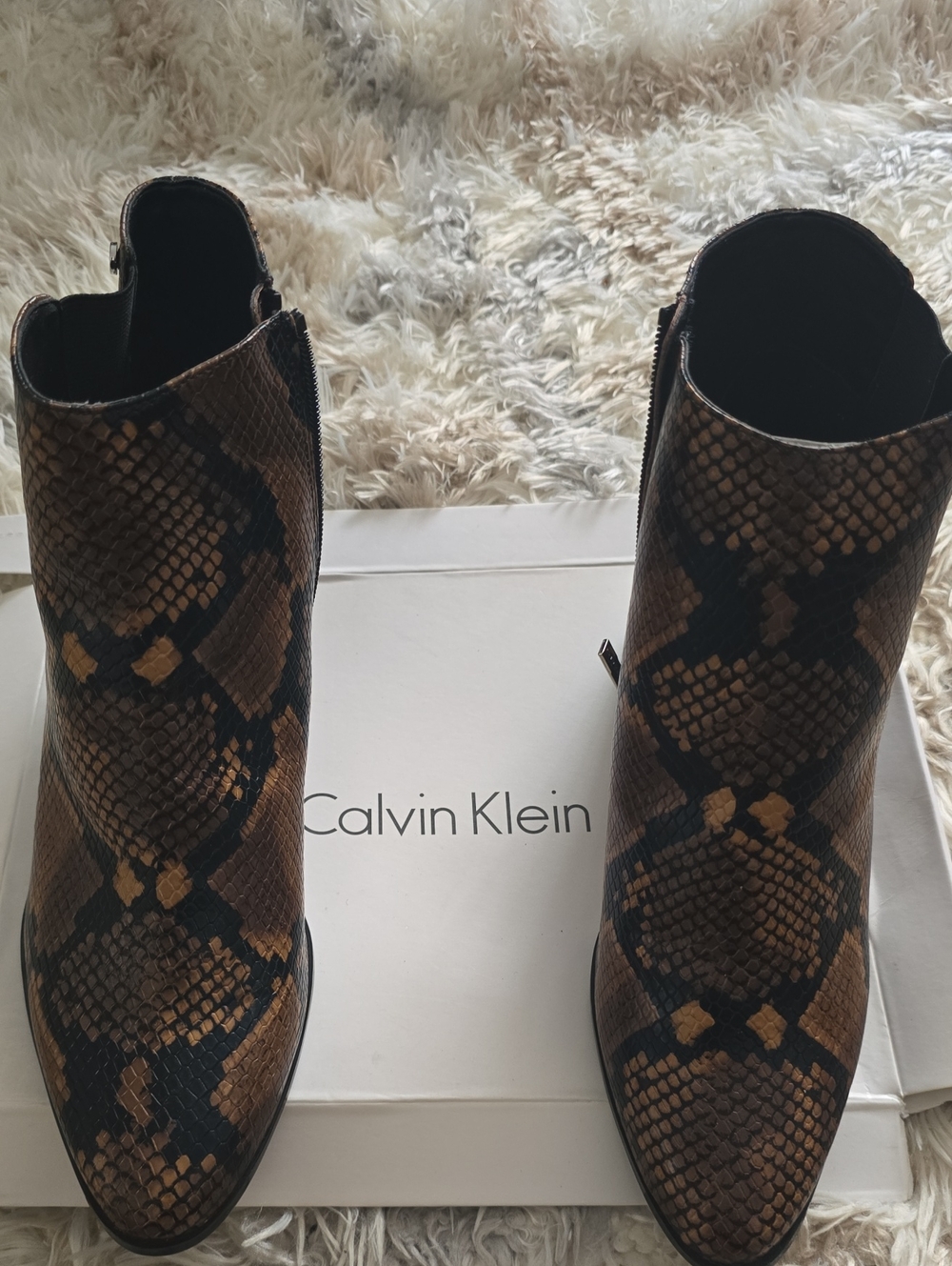 Calvin Klein Brown Snake-Print Pointed Ankle Booties
